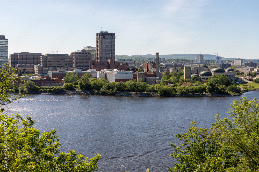 Panoramic view of Ottawa River and Gatineau city of Quebec, Canada from the hill