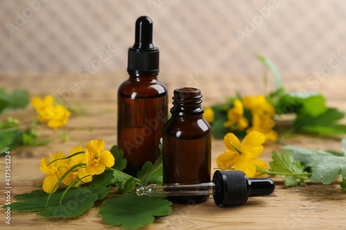 Bottles of natural celandine oil near flowers on wooden table