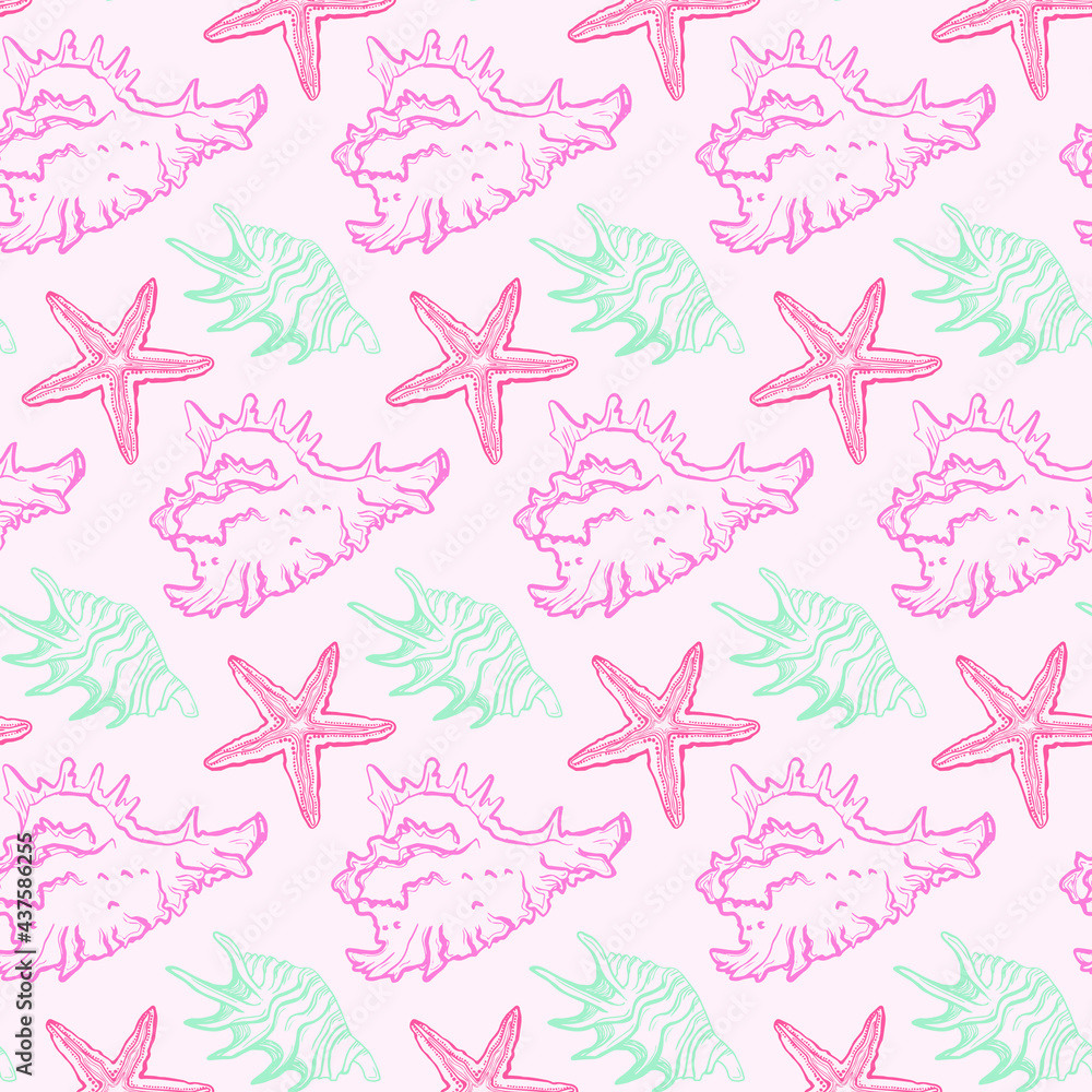 Seamless summer pattern of pink seashells and blue starfish and sea on a light background 