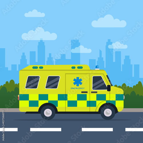 Ambulance driving on the road. Yellow and green ambulance medical service in flat style. Vehicle emergency. Vector stock
