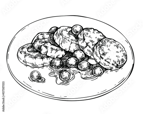 Cheese pancakes, Pancakes with berries on the plate. Sketch russian Cheesecakes. Cartoon sketch drawn by ink. Hand drawn illustration.