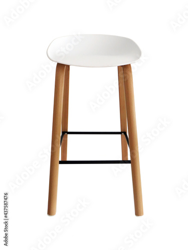 Front view of tall square wooden stool and white seat isolated on white background. Close up of modern empty bar stool. Home accessory and decoration. Furniture and interior design.