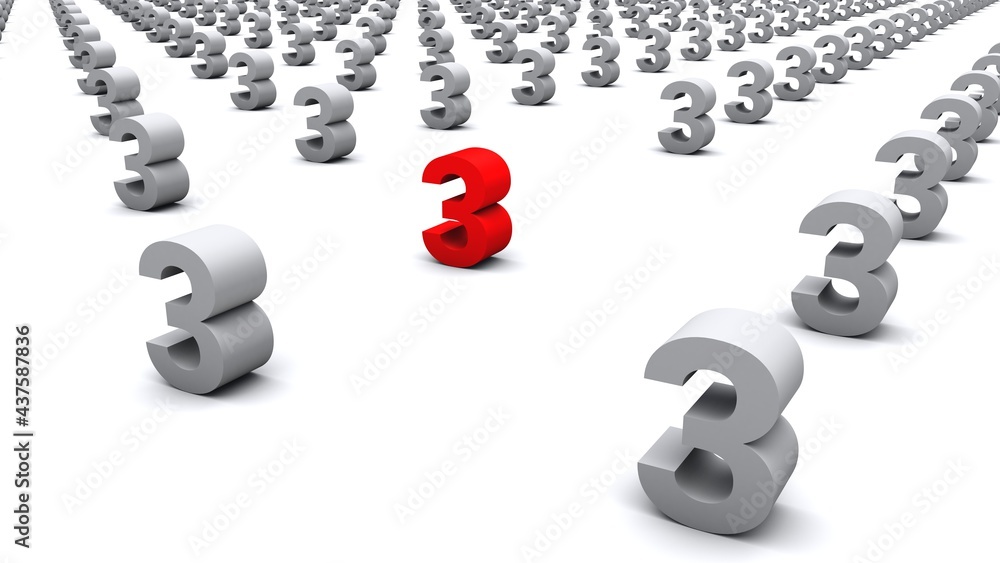 3D illustration of  the number 3 Standing out from the crowd