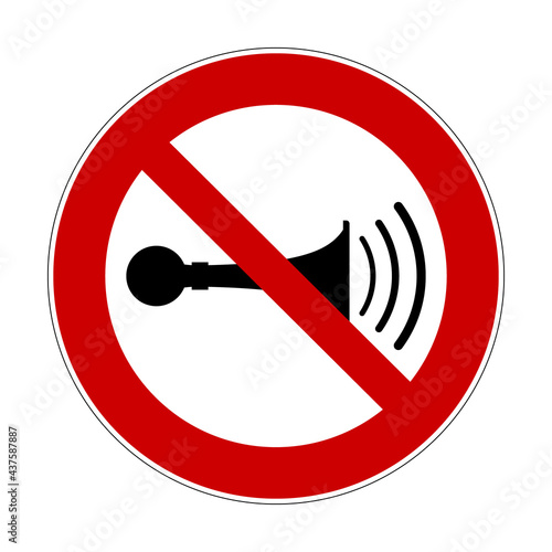 No honking sign. Vector illustration of red crossed out circular prohibited traffic sign with trumpet icon inside. No horn symbol. No loud sound symbol isolated on white background.