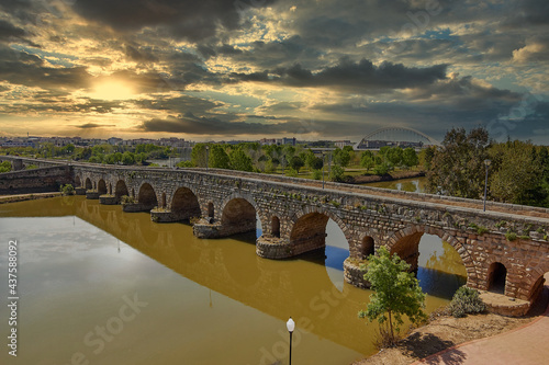 Merida in Spain roman bridge over Guadiana river Badajoz Extremadura