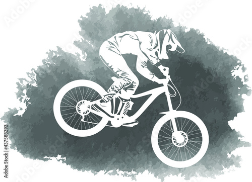 Photo Silhouette of a biker descending on a mountain bike vector illustration