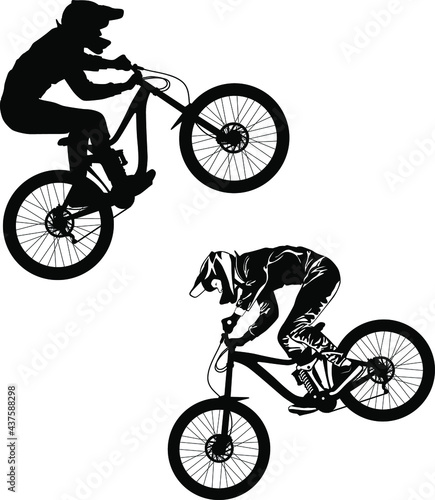 Silhouette of a biker descending on a mountain bike vector illustration