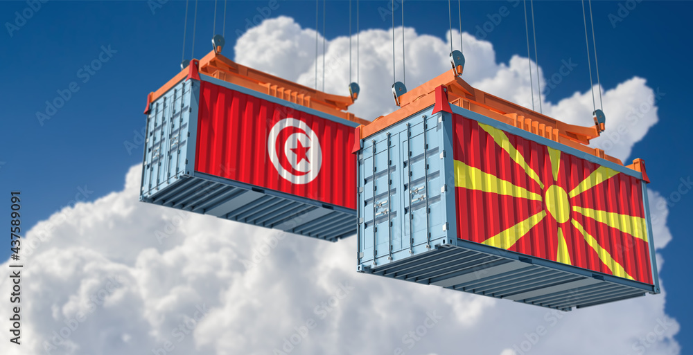 Two freight container with Tunisia and North Macedonia national flag. 3D Rendering