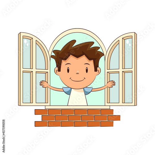 Child opening window, happy cute kid