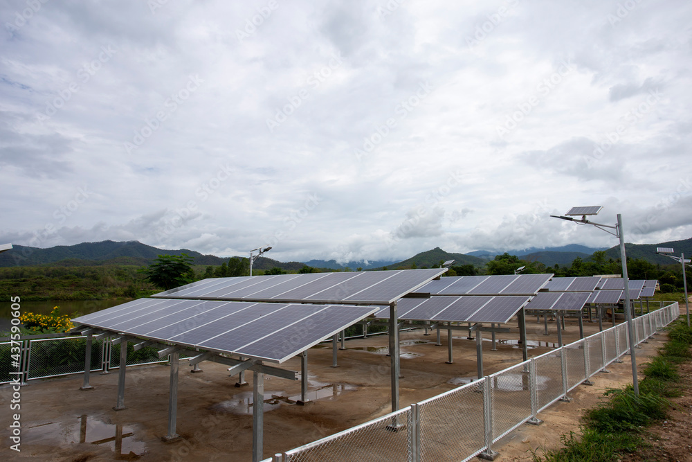 Solar cells on a day without sunlight during the rainy season in Thailand