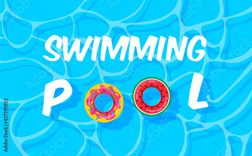 Pool party template banner. Swimming pool summer background with colorful lifebuoys. Float rings. Vector illustration in trendy style. Top view.