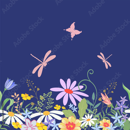 Vector illustration of a floral pattern. Wildflowers and dragonflies on a blue background.