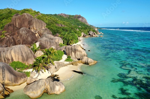 Aerial view of the most beautiful beach in the world. Nature background. La Digue island, Seychelles