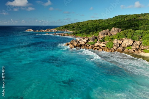 Aerial view of the most beautiful beach in the world. Nature background. La Digue island, Seychelles