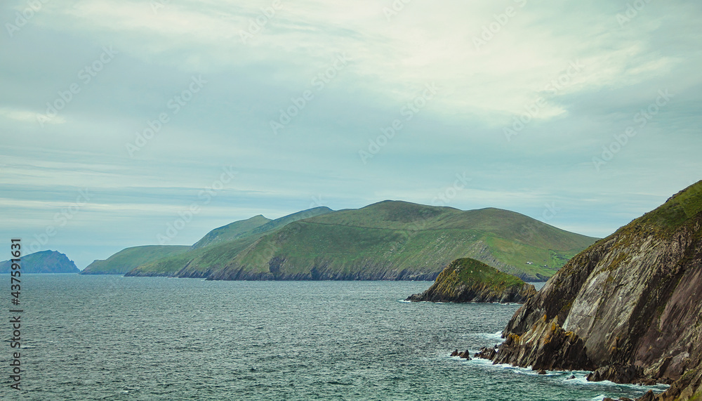 A view of Blasket Islands and Dunmore Head from Slea Head Drive, which is a spectacular driving route that forming part of the Wild Atlantic Way around the coast from Dingle, County Kerry, Ireland.