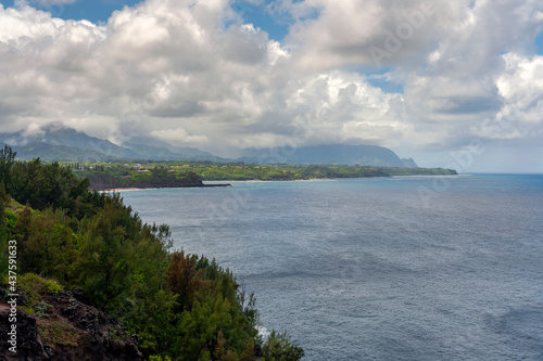 Kauai's Rugged and Beautiful North Shore. The "Garden Islands" breathtaking view towards Hanalei Bay and the Napali coast as seen from the Kilauea Point National Wildlife Refuge.