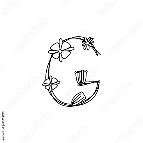 Vintage floral bold Letter G logo spring. Classic Summer Letter Design Vectors with Black Color and Floral Hand Drawn with monoline line flowers