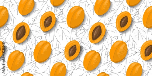 Trendy fruit pattern with apricots. Orange ripe apricots on a white background. Bright summer fabric and textile design