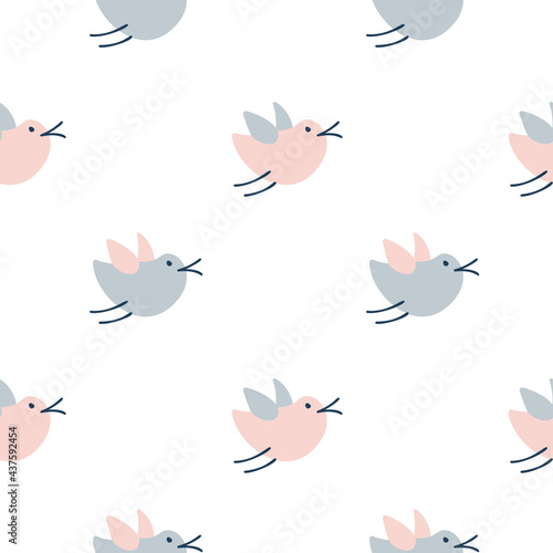 Seamless pattern with cute cartoon birds, doodle style. Hand drawn vector scandinavian illustration. Design for baby textile, wallpaper spring, web, fabric and decor