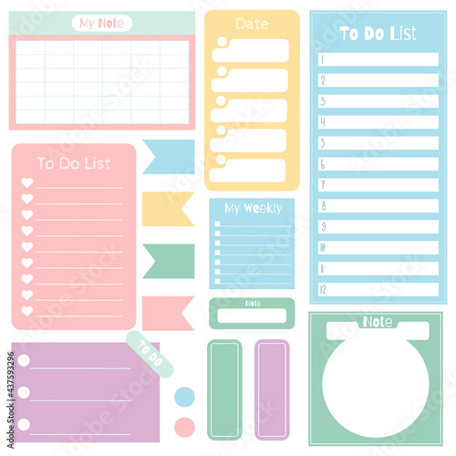 Cute paper notes. Stationary set. Scrapbook notes and cards.Printable planner stickers. Template for your message. Decorative planning element. Vector illustration.
