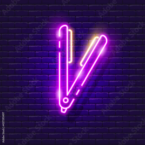 Hair straightener neon sign. Vector illustration for design. Hair care equipment. Beauty salon concept.