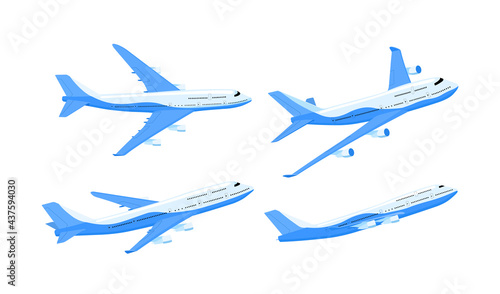 The plane is passenger. Different types. Set. Airplane flight forward in the air. Passenger Transportation. Isolated vector illustrations on white background.