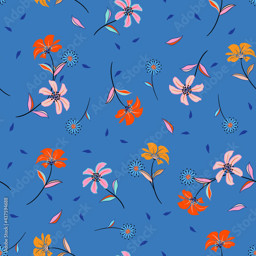 Colourful of cute Wild flower pattern florals. Botanical Motifs scattered random with shadow. Seamless vector texture. For fashion prints. Printing with in hand drawn style