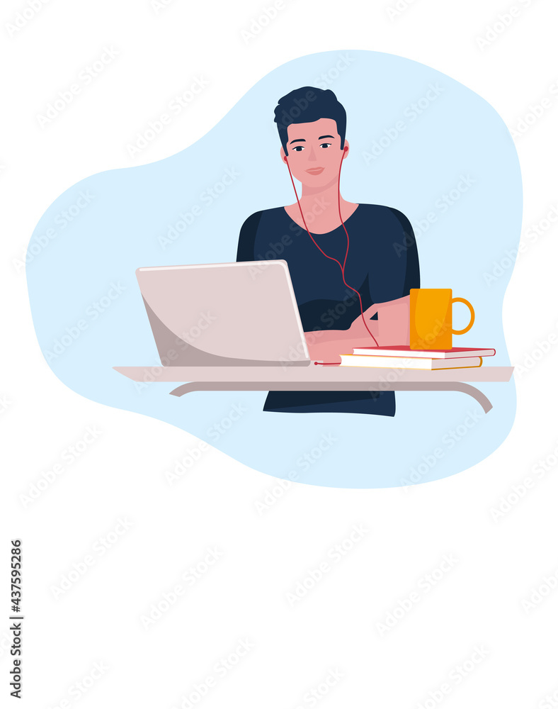 A young man is sitting at his laptop with headphones on. There are books and a cup of coffee on the table. Cartoon style, vector A young man is sitting at his laptop with headphones on. There are books and a cup of coffee on the table. Cartoon style, vector
