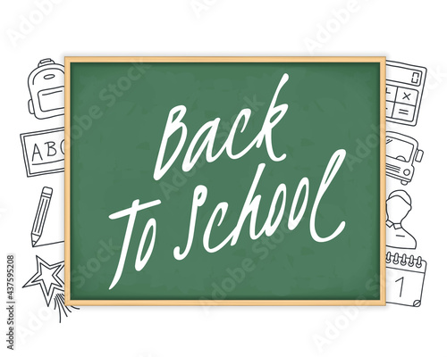 Back to school text on green blackboard with hand drawn icons around it
