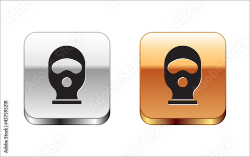 Black Balaclava icon isolated on white background. A piece of clothing for winter sports or a mask for a criminal or a thief. Silver-gold square button. Vector