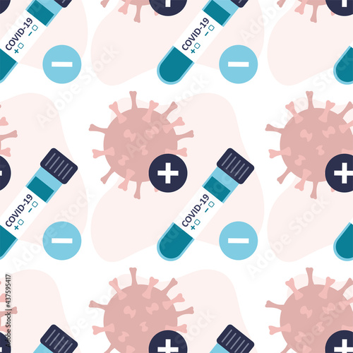 Covid-19 pcr test, seamless pattern. Coronavirus research, tube with blood. Medical laboratory analysis. Positive or negative result. Healthcare texture background.