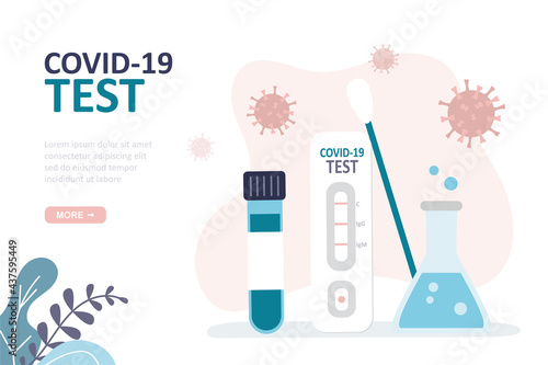 Nasal swab or blood test. Prevention of spread of coronavirus. Tubes with saliva and rapid test of covid-19. Medical tools