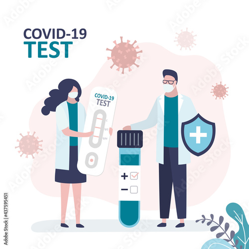Doctors checks results of rapid test of covid-19. Ampoule with positive result. Scientist in protective mask with express test for coronavirus