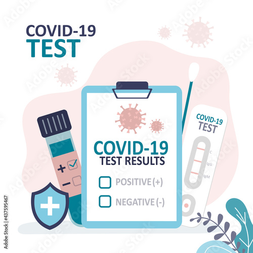 Covid-19 test results. Blood test. Prevention of spread of pandemic. Tubes with saliva and rapid research of covid-19.