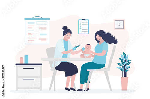Nurse inject coronavirus vaccine to small child. Mom with baby on medical exam. Vaccination to protect people. Concept of healthcare and medicine.