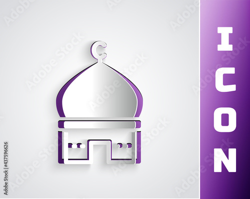 Paper cut Muslim Mosque icon isolated on grey background. Paper art style. Vector