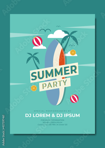 Summer time party poster design template with palms trees silhouettes  beach ball and pieces of citrus fruit. Perfect for invitation  flyer  poster. Modern style. Vector illustration