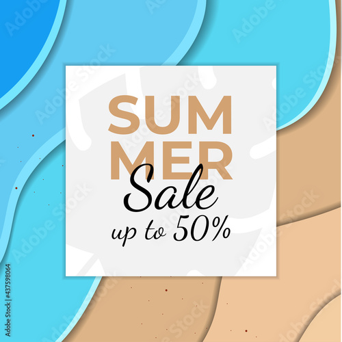 Summer sale banner with paper cut frame on blue sea and beach summer background with curve paper waves  float and surfing board  perfect for banner  flyer  poster or web site design. Paper cut style