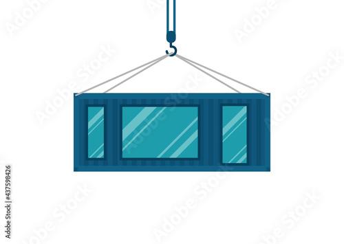 Crane lowers container from which modular house is made, reuse of containers, modern house on white background, vector, fleat style