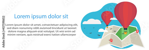 Hot air balloon. Vector illustration in flat style design. Vacation and travel on map with birds and cloud or sky