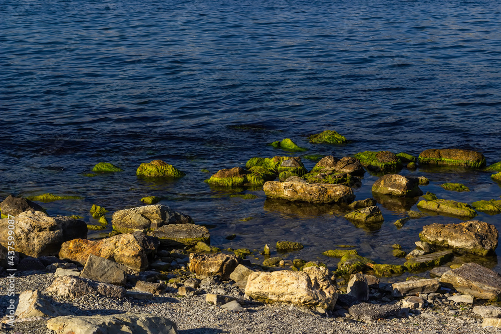 Fototapeta premium Rocky seaside. Sharp large stones on the seashore.
