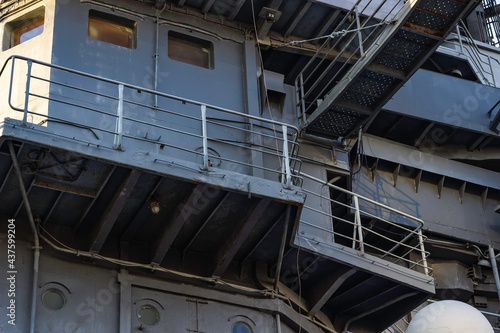 The deckhouse deck of an old warship close-up.