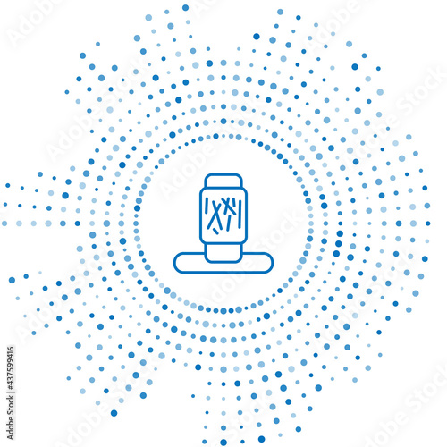 Blue line Cat scratching post with toy icon isolated on white background. Abstract circle random dots. Vector