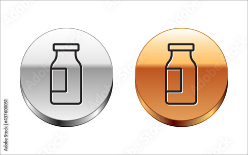 Black line Closed glass bottle with milk icon isolated on white background. Silver-gold circle button. Vector