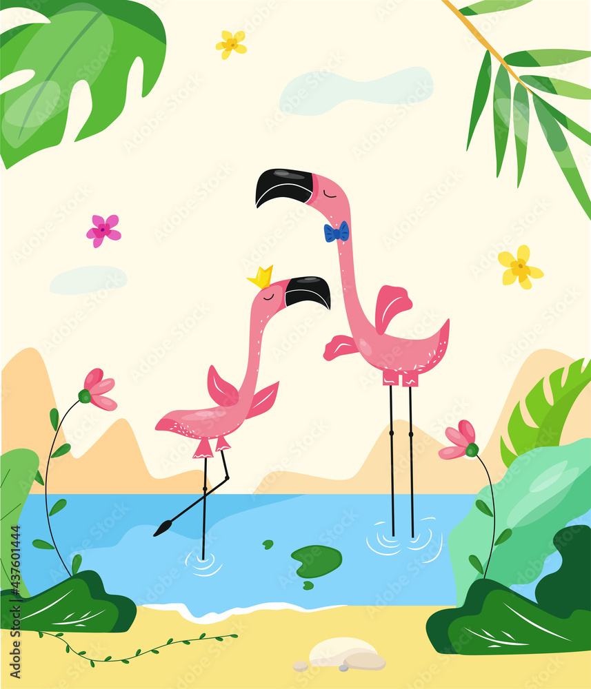 Flamingo date. Vector cartoon illustration. Flamingo date. Vector cartoon illustration.