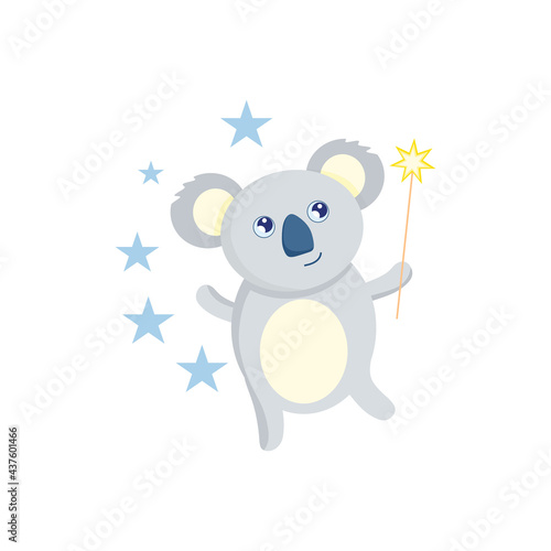 Cute koala with a magic wand. Vector illustration for kindergarten. A character for children.