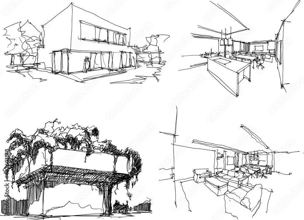 four hand drawn architectectural sketches of a modern architecture and interiors