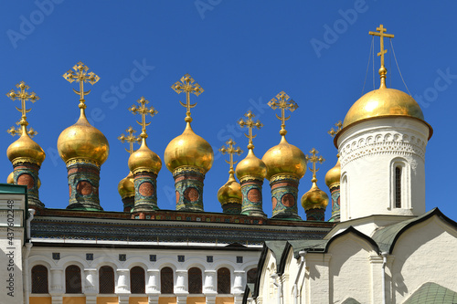 Golden domes of Upper Saviourâ€™s Cathedral, Terem Churches and Church of Deposition of Virgin's Robe. Moscow Kremlin, Russia photo