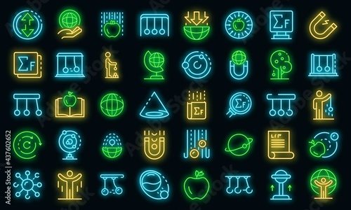 Newtons day icons set. Outline set of Newtons day vector icons neon color on black