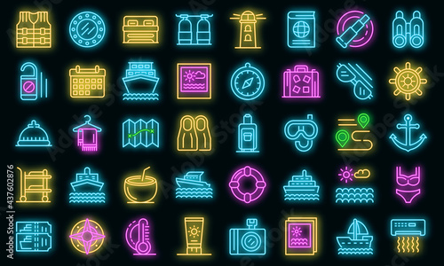 Cruise icons set. Outline set of cruise vector icons neon color on black